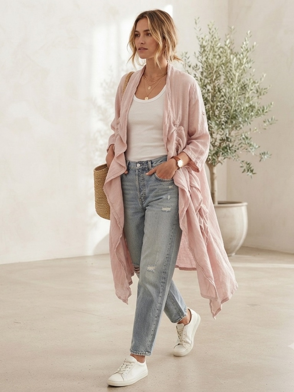 Italian Linen Open Front Cardigan Duster OS Drawstring Ruffle Cinched Lagenlook